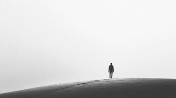 Silhouette of a person standing on a hilltop against a bright sky. The scene creates a sense of solitude and reflection. photo
