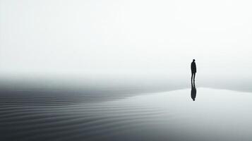 Solitary figure stands at the edge of a misty expanse, reflected in the still water, evoking a sense of contemplation and minimalism. photo