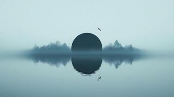 Serene scene of a lake reflecting a misty landscape with a large circular silhouette and a solitary bird in flight. photo