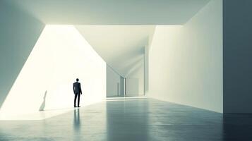 Man contemplates a bright, minimalist space, facing light. Architectural lines meet with aspiration in this clean and simple design. photo