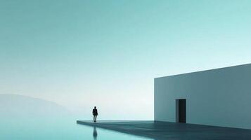 A solitary figure stands at the edge, between water and a minimalist wall with a doorway, under a pale sky, evoking contemplation. photo