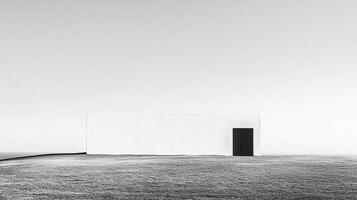 Minimalist architecture on a grassy field, a stark white building with a dark door against a clear sky. Simplicity in design. photo