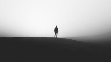 Lone figure against a foggy backdrop. A silhouette stands on a hill, evoking solitude and mystery. Minimalist composition. photo