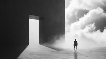 Solitary figure approaching an open doorway leading to a misty, clouded horizon, evoking themes of journey, transition, and the unknown. photo