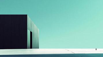 Minimalist architecture featuring a dark rectangular structure against a stark turquoise sky and white ground. The composition is clean and modern. photo