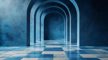 A mesmerizing blue hallway with arches creates a sense of depth and mystery. The checkered floor adds a unique touch to the scene. photo