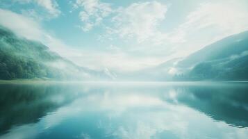 Serene lake reflecting a misty mountain landscape, enveloped in soft, diffused light, inviting a sense of tranquility and peace. photo