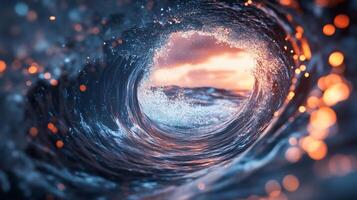 A mesmerizing view from within a powerful ocean wave, capturing the beauty of nature's force and the serene horizon beyond. photo