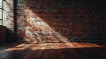 Sunlight streams into a brick-walled room with a wooden floor, creating a warm and inviting space. A glimpse of a window on the side. photo