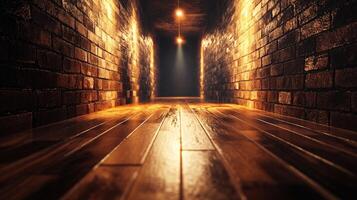 Illuminated corridor with brick walls and glossy wooden floor leading to a dark end, lit by overhead lights creating a dramatic effect. photo
