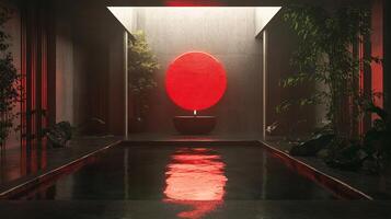Minimalist zen garden with pool reflecting a red circle light, enhancing calm with nature and light interplay in a courtyard. photo
