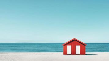A quaint red house sits on a pristine sandy beach, with the blue ocean and sky creating a serene and picturesque coastal scene. photo