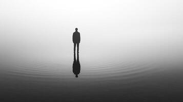 Solitary figure standing in still water, surrounded by fog, creating a serene and introspective monochrome scene. photo