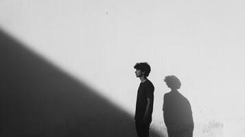 A monochrome portrait features a young man in profile, starkly contrasted against a sunlit wall, casting a shadow. Simple and profound. photo