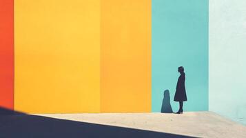 Solitary figure stands near a wall of orange, yellow and blue, in sunlight casting shadows and contrasting bold color and minimalist design. photo