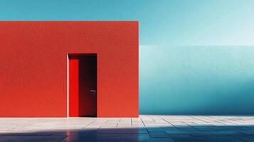 Minimalist architectural design featuring red door on building, contrasted against a light blue wall and blue sky, creating a striking color. photo