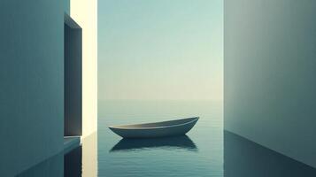 Serene boat on a calm sea between architectural structures. Minimalist composition with pastel colors for a peaceful, tranquil vibe. photo