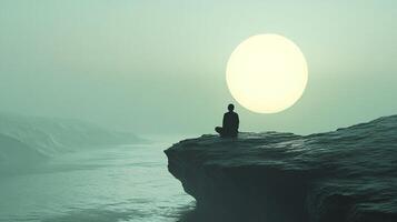 Silhouette sits on a cliff edge overlooking misty waters. A large, pale sun glows behind them, creating a serene, meditative scene. photo
