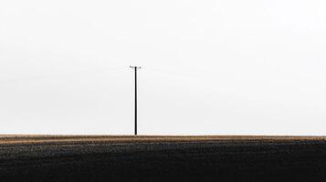 Lone utility pole standing tall against a vast, open field under a minimalist white sky, evoking stillness and solitude. photo