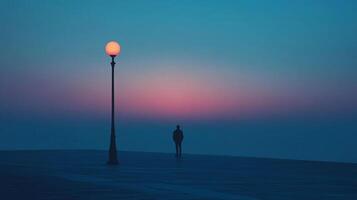 Serene twilight scene featuring a solitary figure standing near a glowing lamppost under a gradient sky. photo