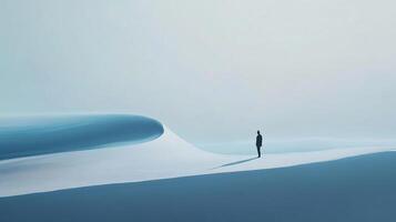 Solitary figure stands on surreal, minimalistic dunes in a monochromatic landscape, evoking stillness and contemplation. photo
