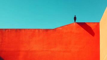 Silhouette stands atop a vibrant orange structure against a stark turquoise sky, creating a striking contrast. Serenity, solitude. photo