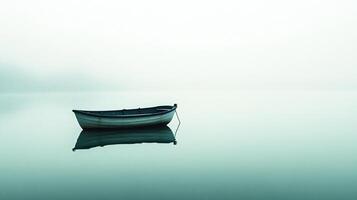 Solitary rowboat on serene water under a foggy sky, creating a peaceful and calm ambiance. Gentle ripples mirror the boat's silhouette. photo