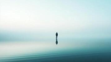 A solitary figure stands at the edge of a calm, reflective body of water, under a soft sky, creating a serene, minimalist scene. photo