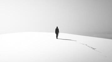 Solitary figure walking across a stark, white landscape, creating a sense of isolation, minimalism, and personal journey. The minimalist setting. photo