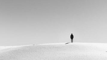 Solitary silhouette on white landscape, monochrome view shows vastness, promoting introspective contemplation of solitude and resilience. photo
