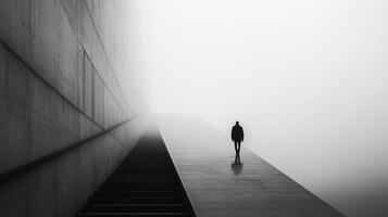 Solitary journey into fog. Figure ascends stairs into hazy oblivion, monochrome tones evoking mystery and introspection, minimalistic composition. photo
