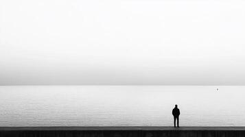 Solitary figure contemplates the horizon, blurring the line between sea and sky, enveloped in tranquil monochrome abstraction. photo
