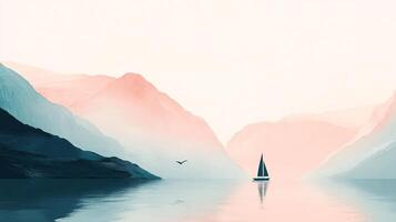 A serene seascape with mountains fading into the horizon, a single sailboat, and a bird in flight evokes a feeling of peaceful isolation. photo