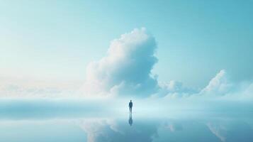 A lone figure stands reflected on a still, dreamlike expanse beneath soft skies and towering clouds in a tranquil, ethereal scene. photo