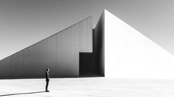 Monochromatic architecture featuring geometric shapes, a lone figure, and minimalist design, emphasizing the interplay of light and shadow. photo