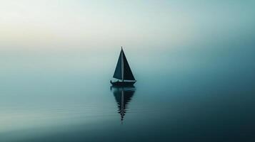 A solitary sailboat glides across a tranquil, mirror-like sea, shrouded in a soft, ethereal mist. The scene evokes serenity and peace. photo