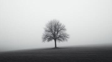 Monochrome image of a stark tree standing in a misty field, conveying a sense of peace and solitude. Minimalist nature scene. photo