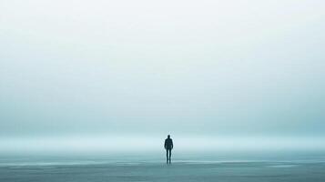 Solitary figure on the horizon, lost in the vast expanse of fog, evokes a sense of solitude, mystery, and introspection. photo