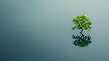 Green tree's reflection on the water. Serene nature scene with a single tree in tranquil blue waters, mirrored on the surface. photo