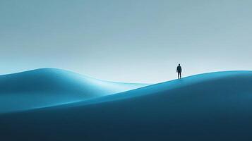 Solitude on blue dunes, a lone figure contemplating the horizon, blending minimalist design with existential reflection. Serene view, cool hues. photo
