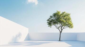 Solitary tree stands elegantly in a minimalistic courtyard bathed in sunlight against a serene blue sky, blending nature and architecture. photo