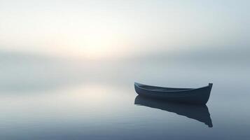 A serene image of a solitary boat resting on calm water, reflecting a tranquil and ethereal atmosphere in soft blue tones. photo