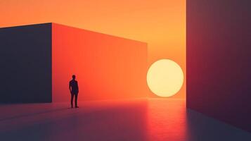 Contemplative figure in a surreal landscape, bathed in warm light, surrounded by geometric shapes and a glowing orb, creating a dreamlike atmosphere. photo