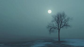 Eerie landscape with a solitary tree against a misty backdrop and a luminous celestial orb in the sky, creating a mysterious ambiance. photo