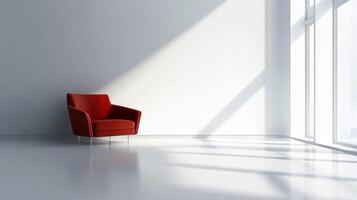 Minimalist space features a crimson chair beside a wall bathed in light from a large window creating a serene and modern interior. photo