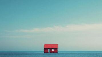 Isolated red house standing alone in the middle of the ocean under a clear sky. Serene and surreal ocean home concept. photo