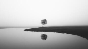 Solitary tree reflected on tranquil waters, shrouded in mist. A grayscale study of peace, nature, and reflection. photo