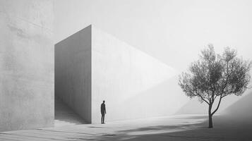 Monochrome scene with solitary figure amidst stark architecture and nature. A study in contrasts and minimalist design. photo