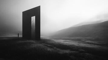 Monolithic structure and solitary figure in a hazy landscape evoke mystery and introspection. Poetic visuals in grayscale. photo
