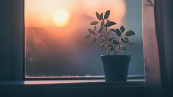 A potted plant sits serenely on a windowsill, bathed in the warm glow of a sunrise, evoking peace and tranquility in a morning. photo